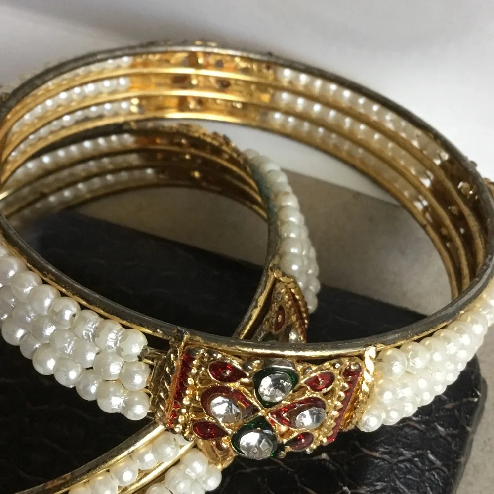 Gold Pearl and Crystal Women's Bangle Set